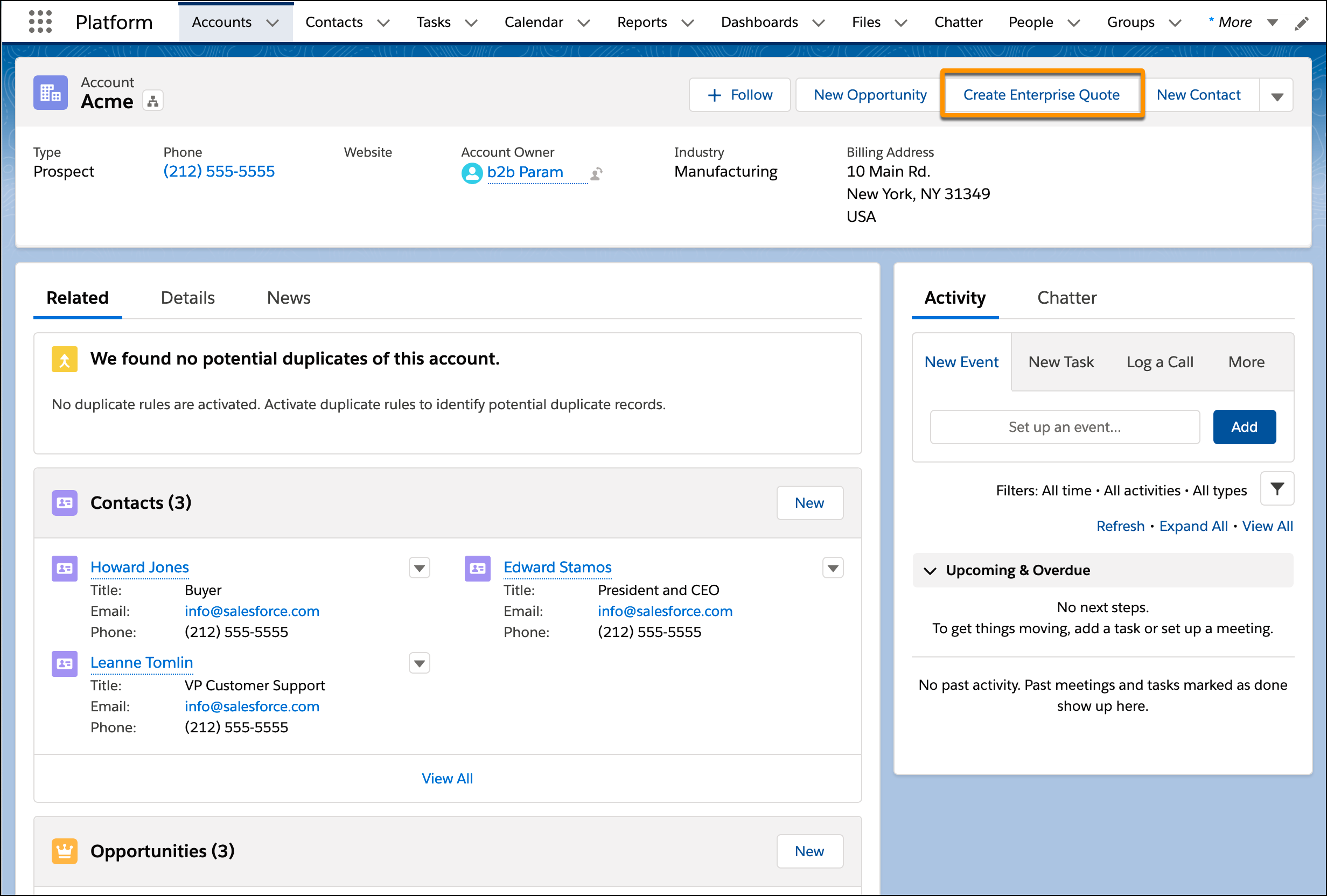 An image of an account with the Create Enterprise Quote option selected