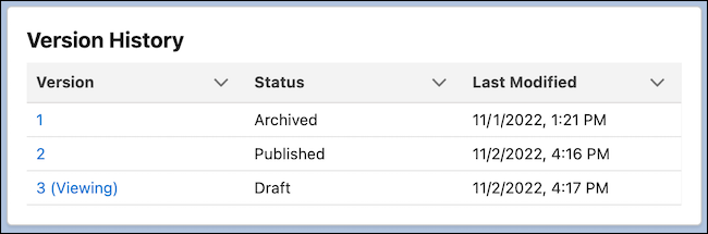 Version History card in a CMS workspace
