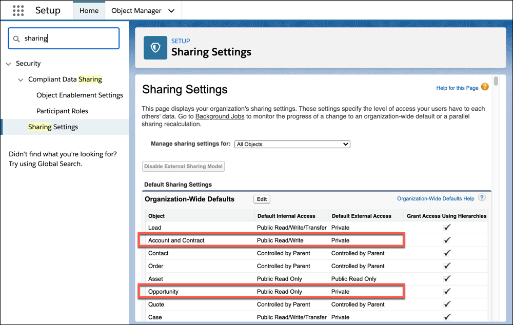 Org-wide sharing settings for the Account and Opportunity objects