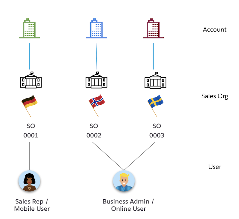 Drawing showing Sales Rep assigned to only one sales org and Business Admin or Online user assigned to multiple sales orgs