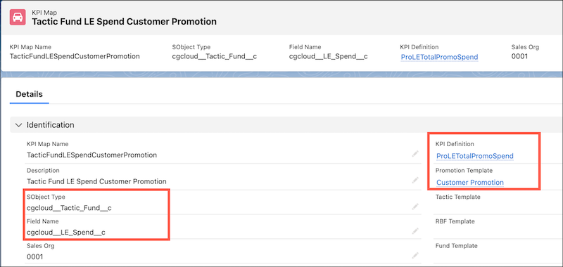 Mapping of template and KPI Definition to sObject fields.