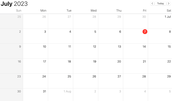 Calendar for July