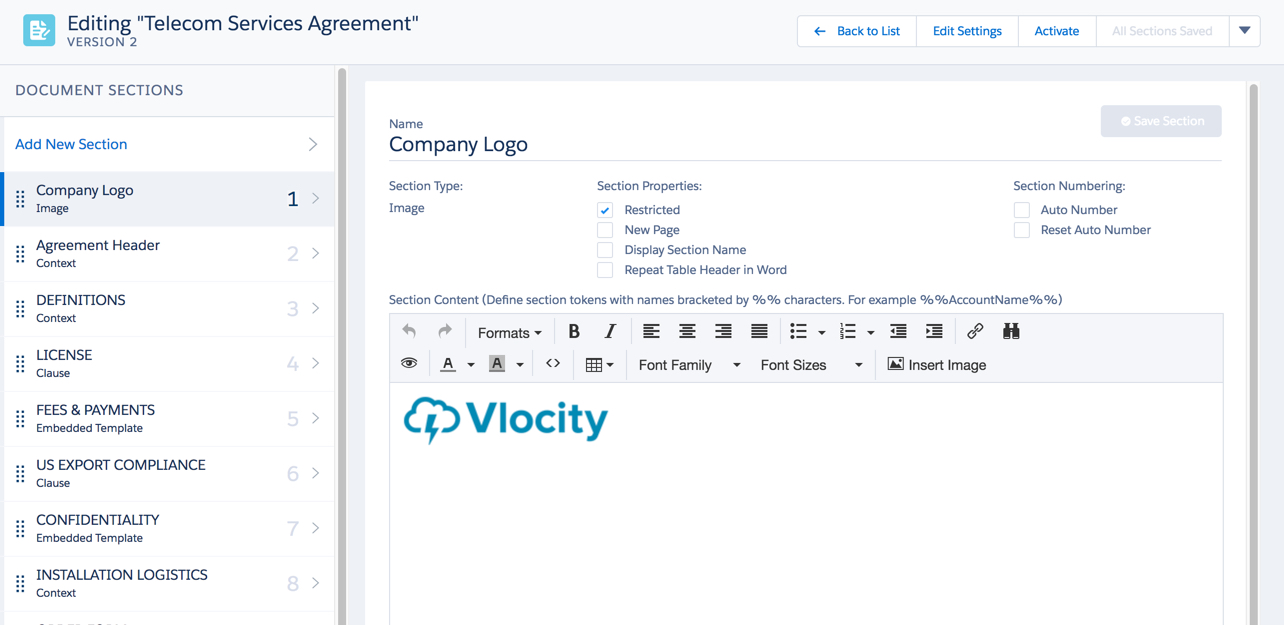 An example Telecom Service Agreement showing the options of different sections on the right and the beginning of the document on the left. The document shows the Vlocity logo.