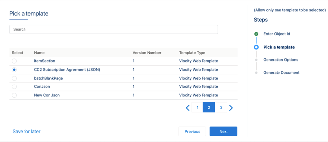 From the Pick a template window you have to search and select the template that you want to use for document generation.