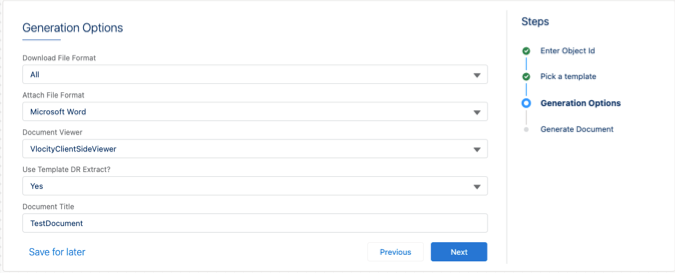 From the generation options window select the file formats and other generation options.