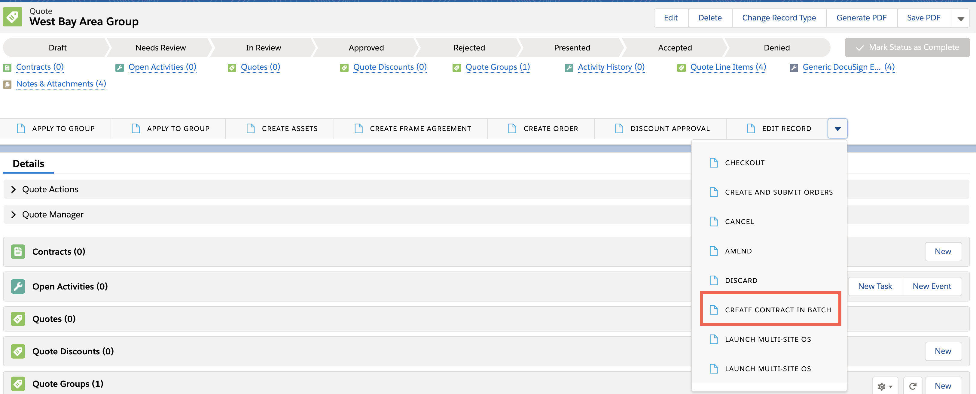 Create contracts form large quotes button and screenshot