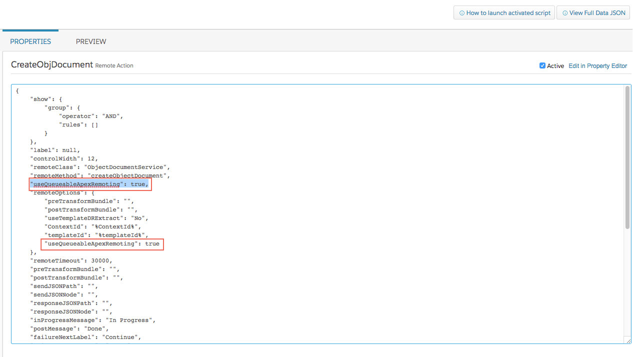 The CreateObjDocument step in the Omniscript Designer, shown in JSON.