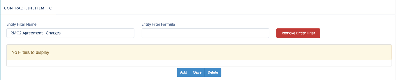 Create filter screen . Enter filter name on left, Entity filter formula on right. Red button to remove entity filter. Bottom blue buttons are Add, Save and Delete from left to right.