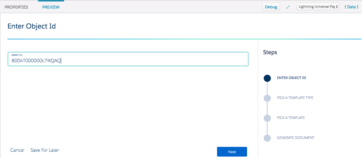 Illustrates the Enter Object Id Omniscript step.