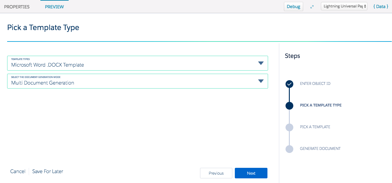Illustrates the Pick a Template Type Omniscript step.