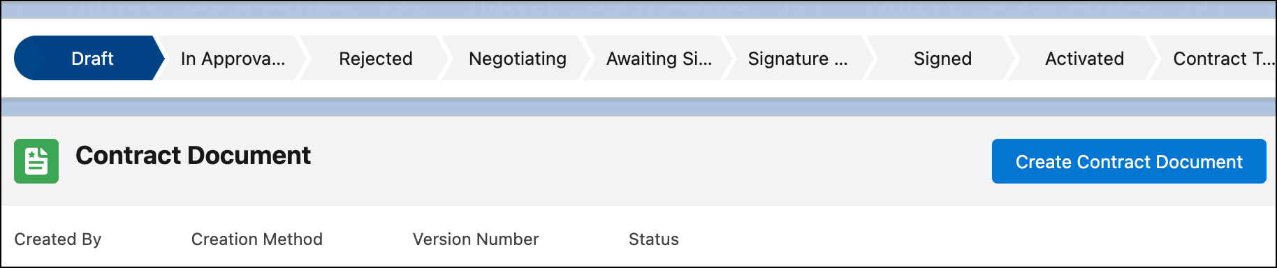 Contract page with Create Contract Document button.