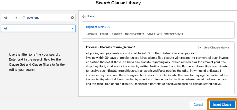 Insert Clause button to insert the clause in the document template.