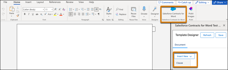 Blank document template with Salesforce Contracts for Word Add-in and Insert New dropdown.