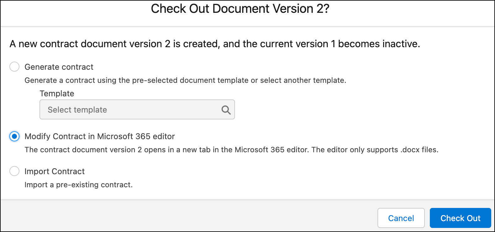 Different options to create new contract document version.