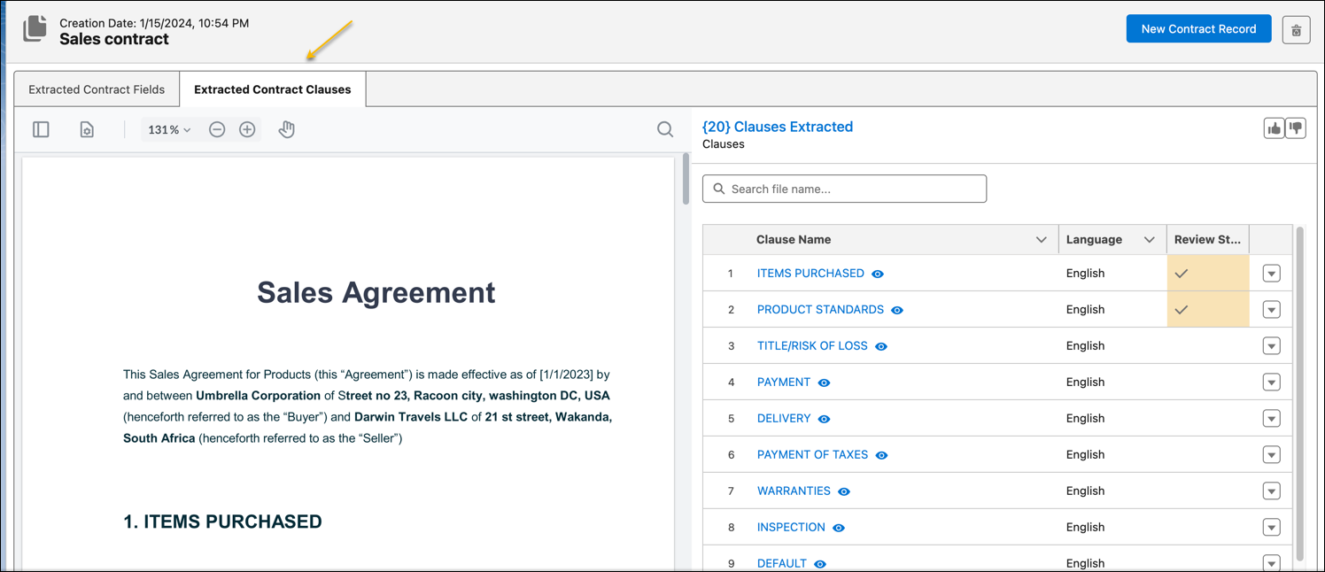 Status of the extracted clauses changes once reviewed.