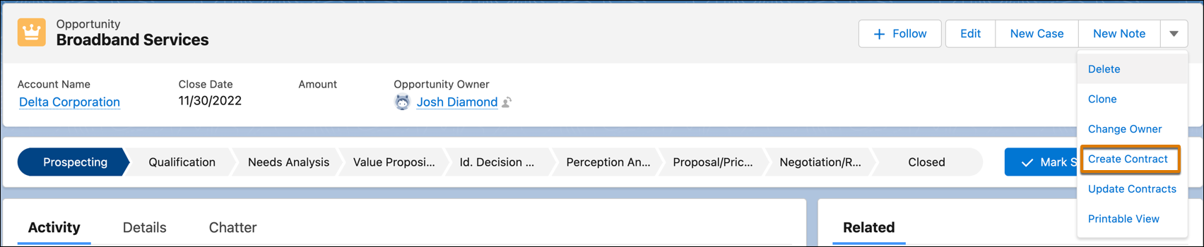 Example of opportunity with Create Contract button.