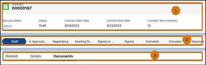 Contract overview page highlighting header, status and tabs.