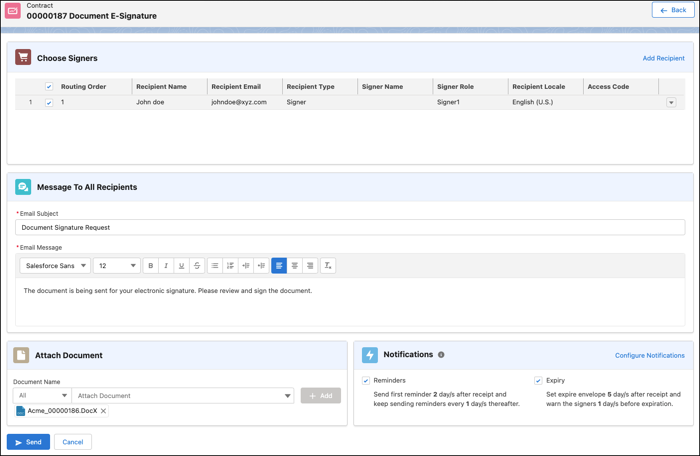 Document signature screen with details to add the signer, email details, attachments and notifications.