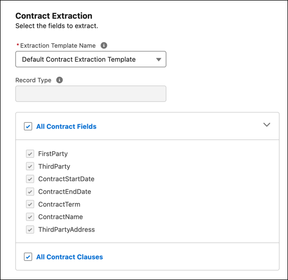 The default contract extraction template is selected.