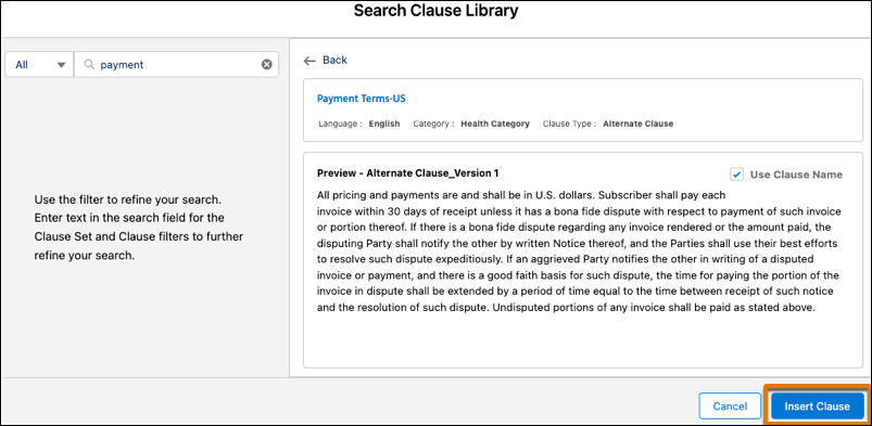 Insert Clause button to insert the clause in the document template.