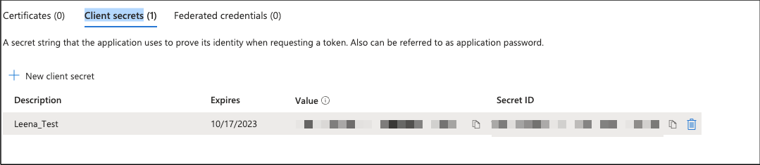 The Client Secret Value and Secret ID are visible.