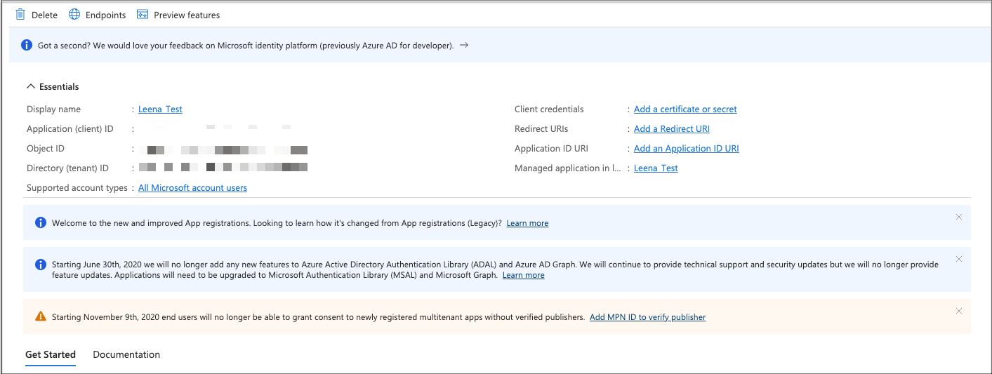 The Application (client ID), Object ID, and Directory (tenant) ID are visible.