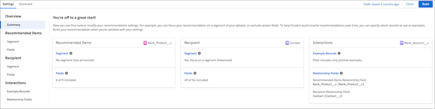 Configuración de modelo de recomendación