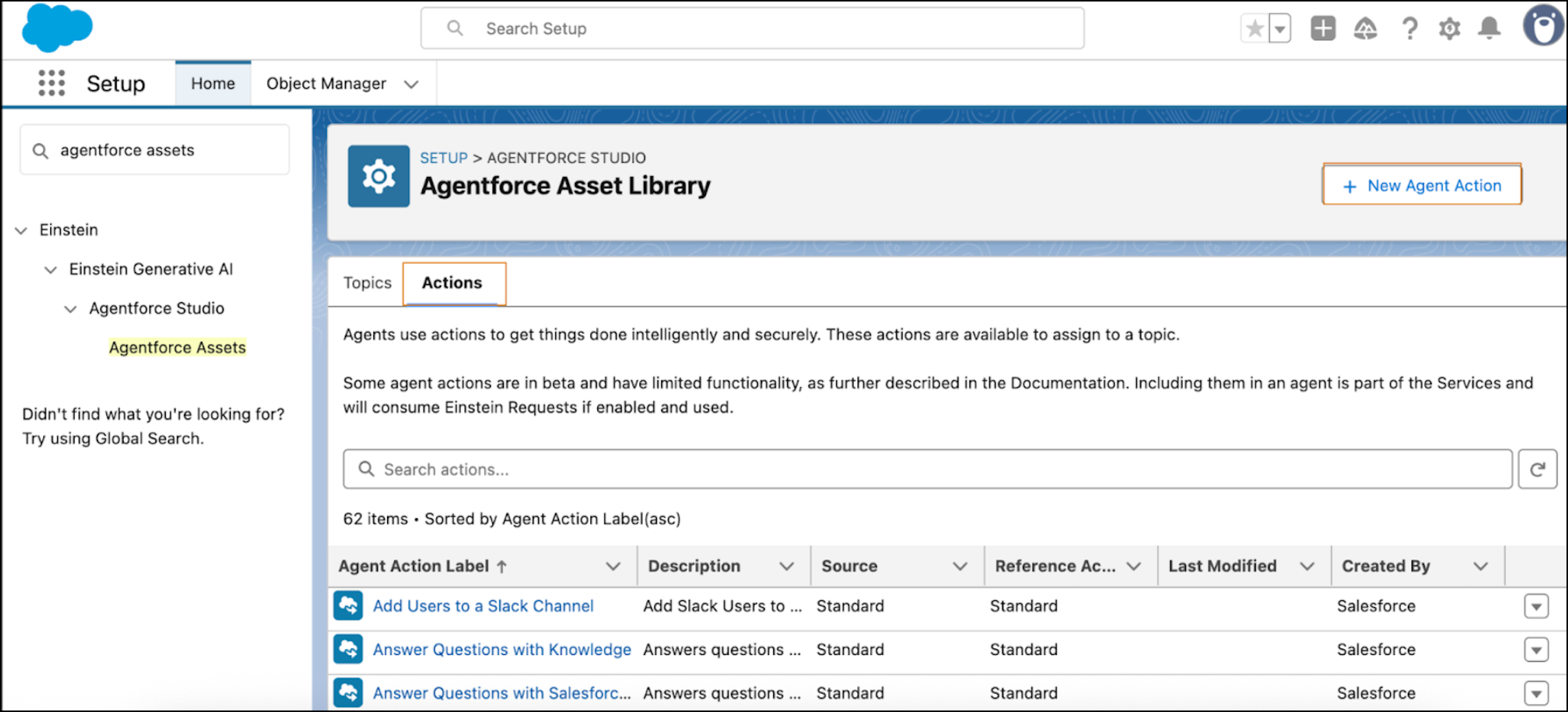 Agentforce Asset Library mit der Option zum Erstellen einer neuen Agentenaktion.