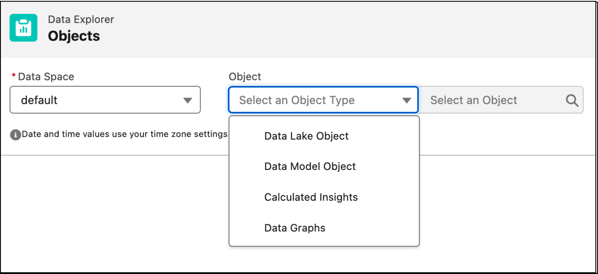 Screenshot of Data Explorer interface showing the dropdown menus for selecting a data space, object type, and specific object.
