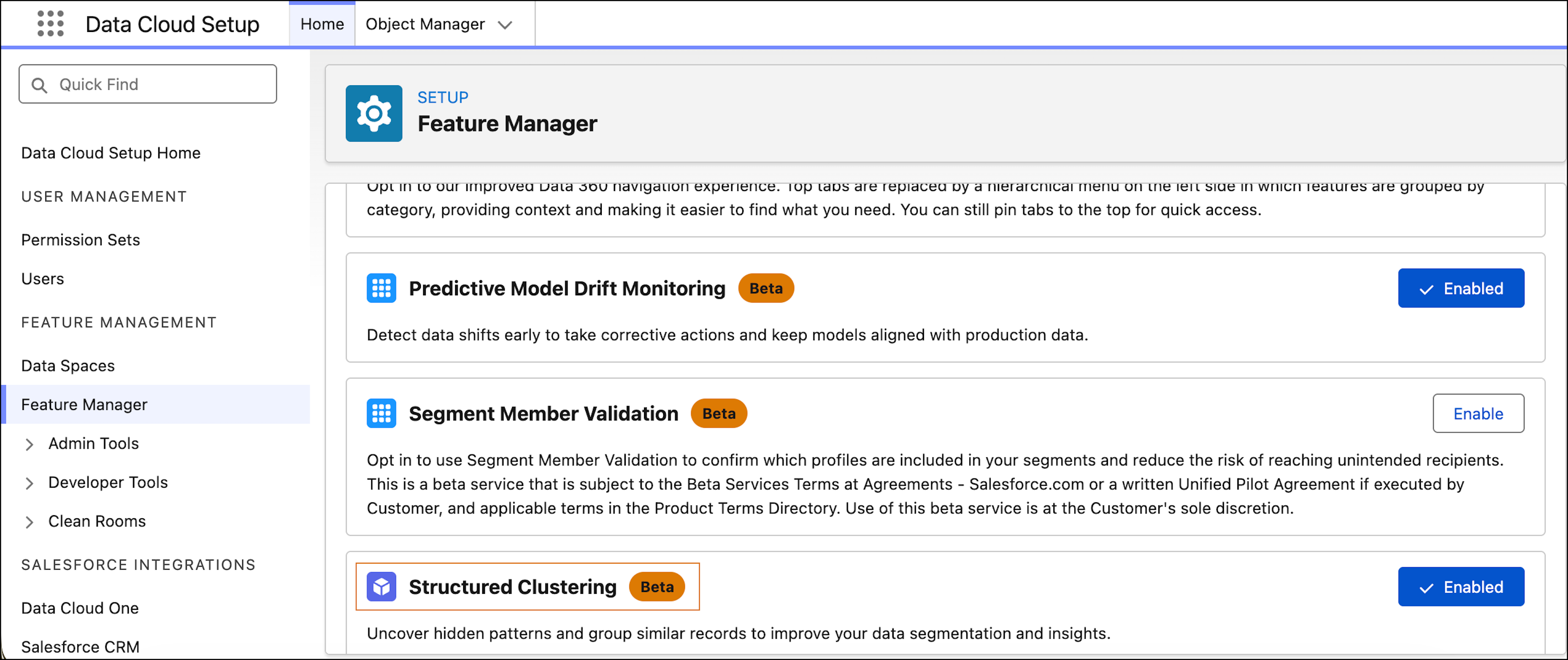 Feature Manager in the Data Cloud Setup with the Structured Clustering (Beta) feature settings.