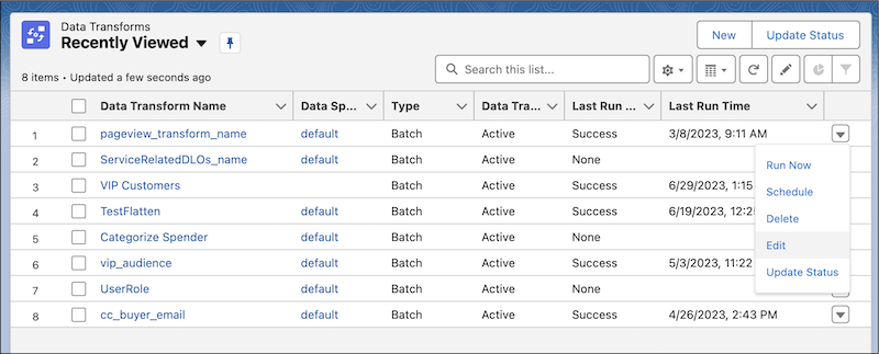 Recently Viewed screen with Edit selected from actions dropdown menu