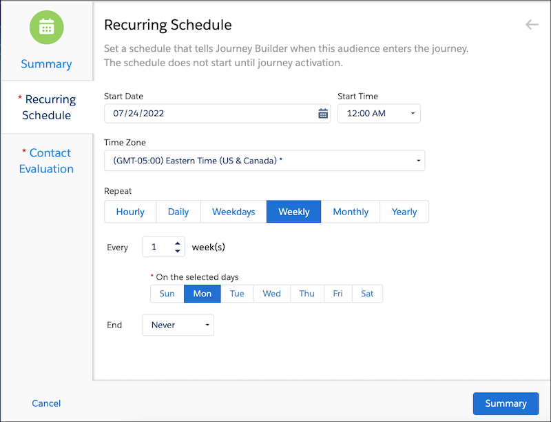 Recurring schedule showing weekly on Mondays.