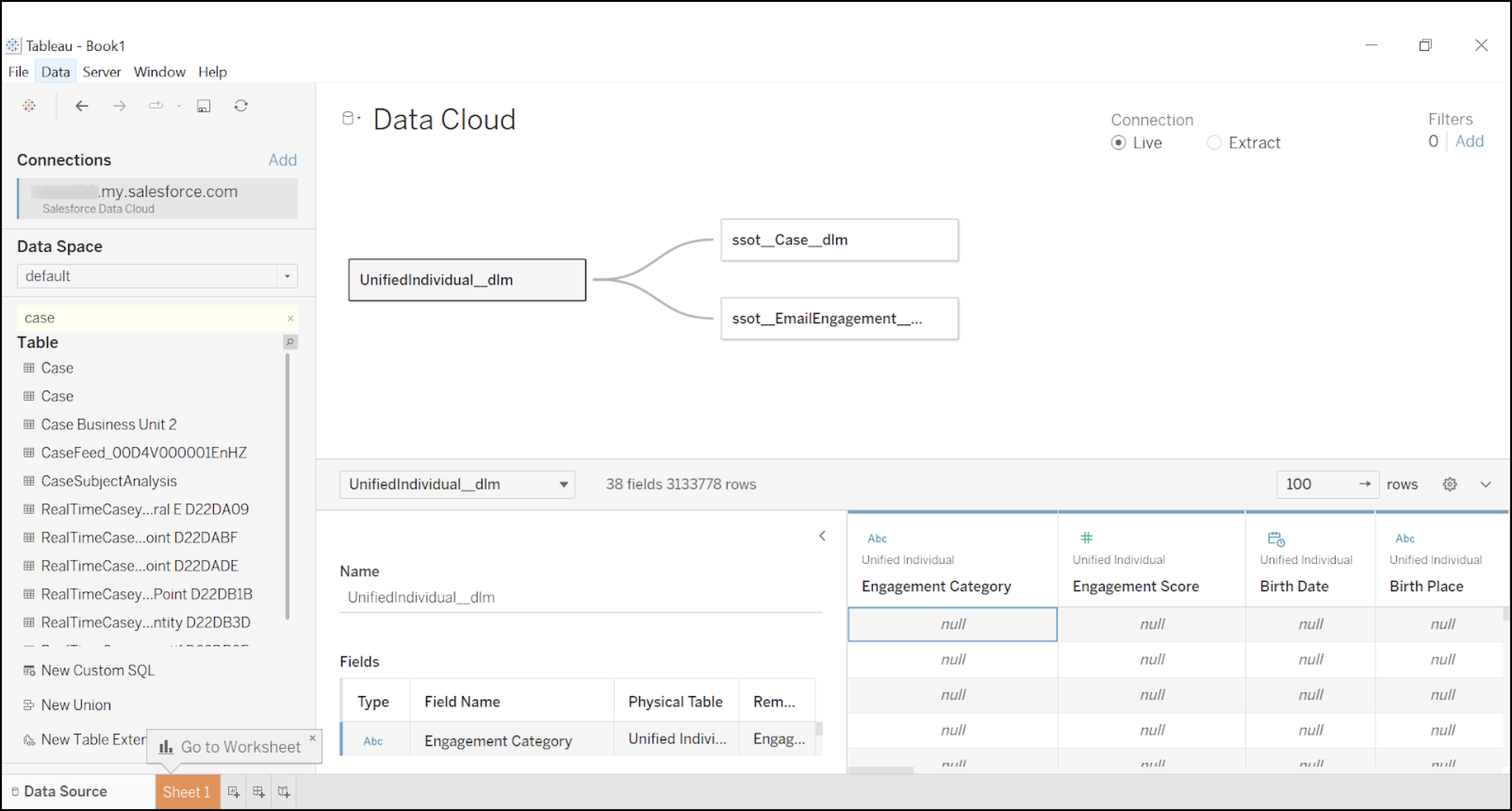 Data Cloud data shown in the Tableau canvas