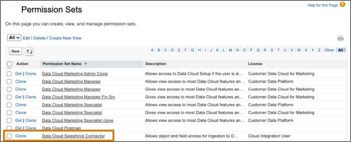 Data Cloud permission set selection.