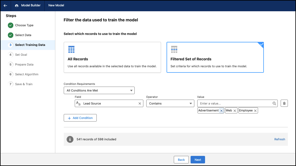Paso 3 para filtrar registros, mostrando la opción para utilizar un conjunto filtrado de registros seleccionados