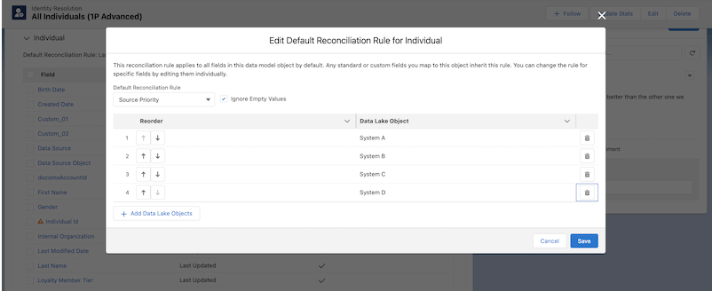 modificar reglas de reconciliación en Data Cloud