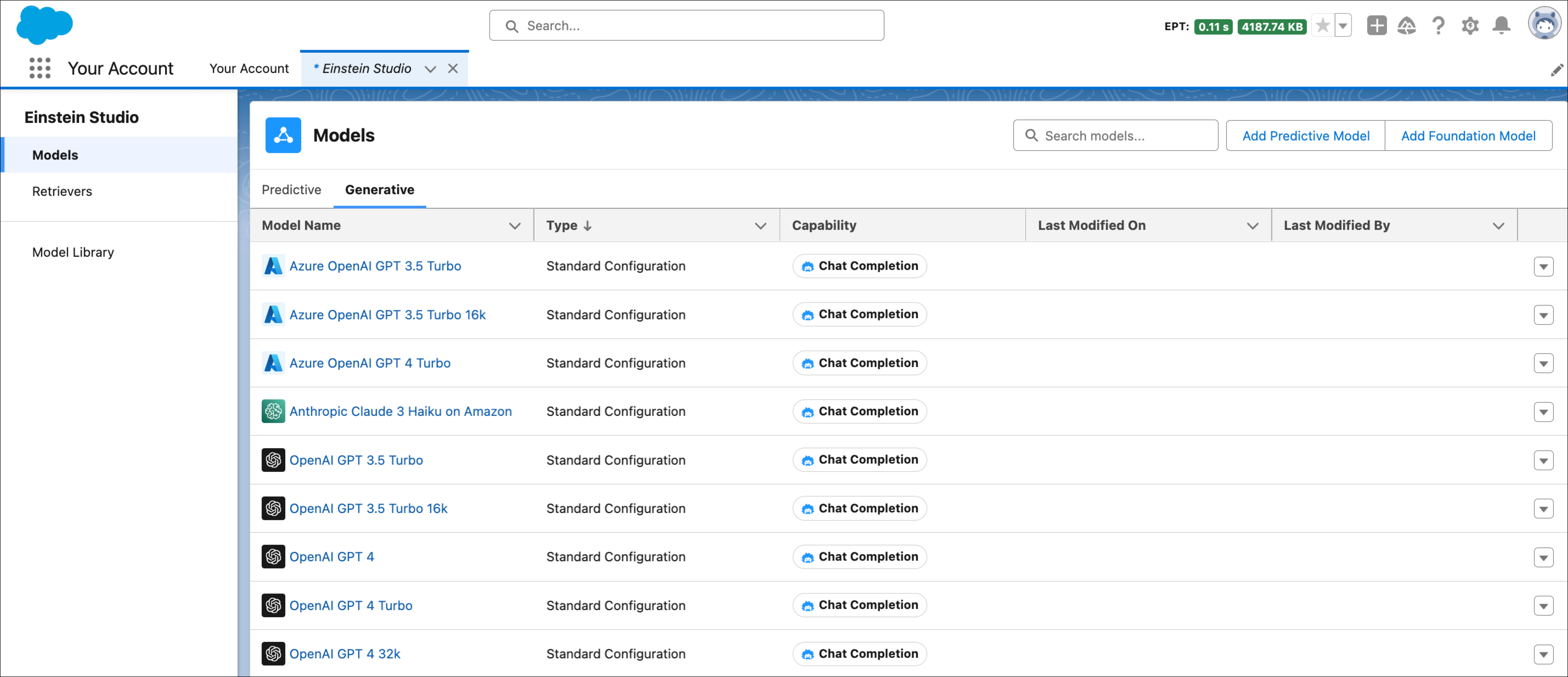 Ficha Generativo de Generador de modelos mostrando modelos activados por Salesforce.
