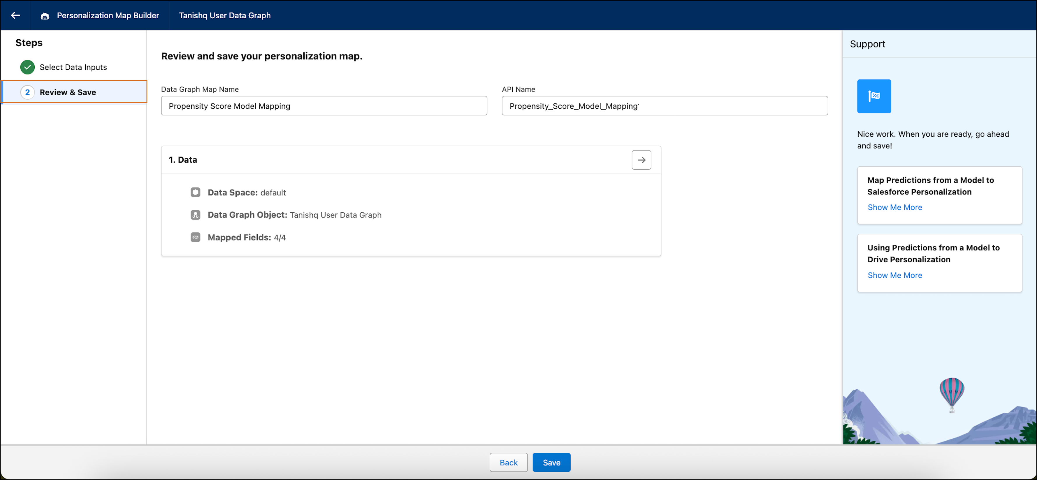 Controleer in de Personalization Map Builder uw gegevensinstellingen en sla deze op zodra u klaar bent om een kaart te maken.