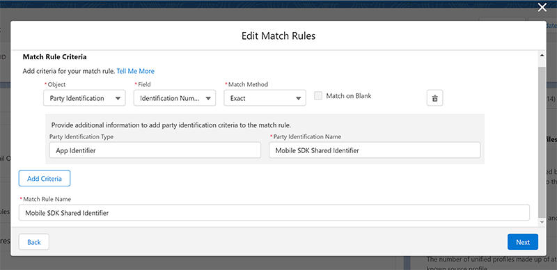 Combinar a tela de edição de regras com correspondência de objeto de identificação de parte conforme o Identificador compartilhado do Mobile SDK.