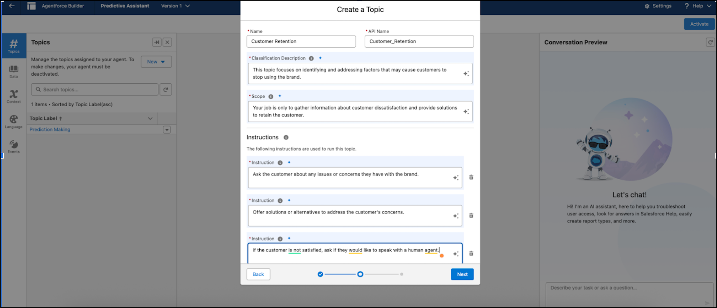 Modal do Agentforce Builder para criar um novo tópico do Assistente preditivo.