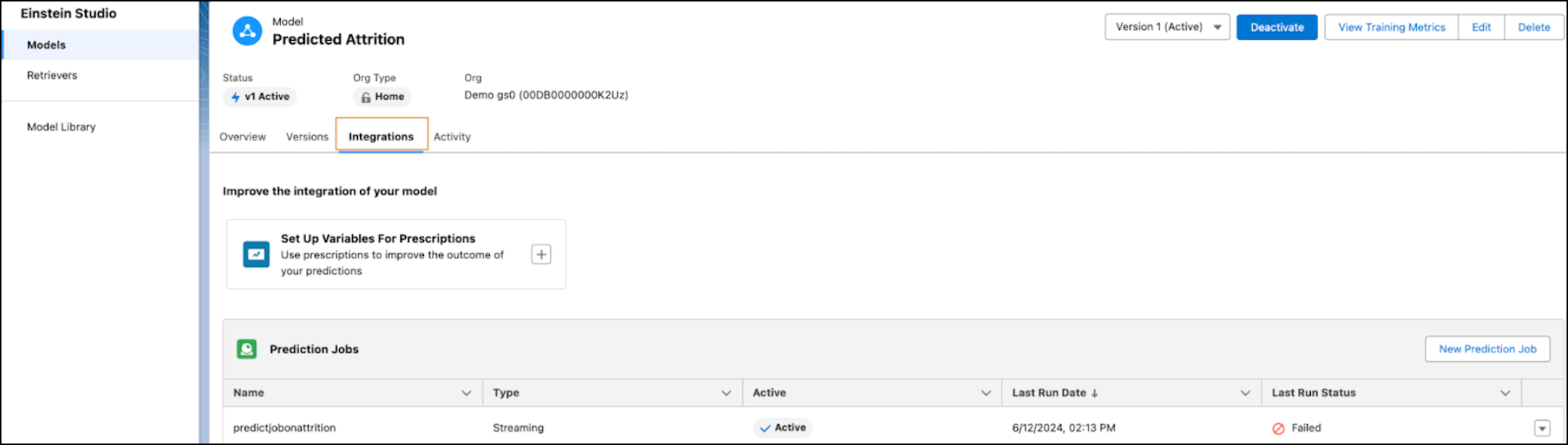 Registerkarte 'Integrationen' eines Prognosemodells, auf der Sie handlungsrelevante Variablen im Modellgenerator festlegen.