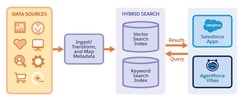 A graphical illustration shows the flow of metadata from Salesforce orgs to Data 360, and AI interfaces and apps.