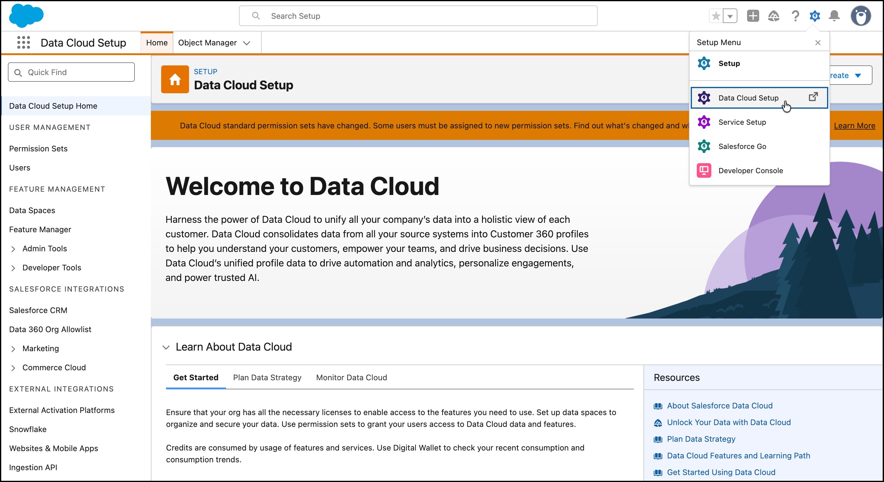 The Data Cloud Setup interface with the mouse selecting Data Cloud Setup from the Setup menu