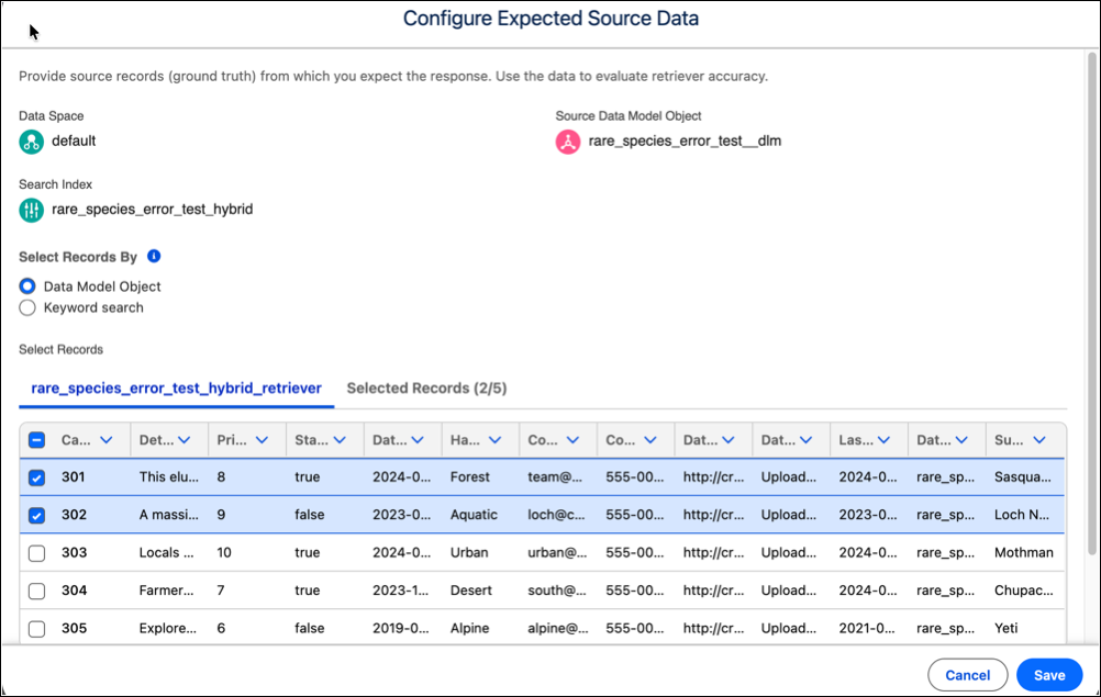 Configure expected source data to compare retriever response with expected response. Select data model object records or search for records by a keyword.