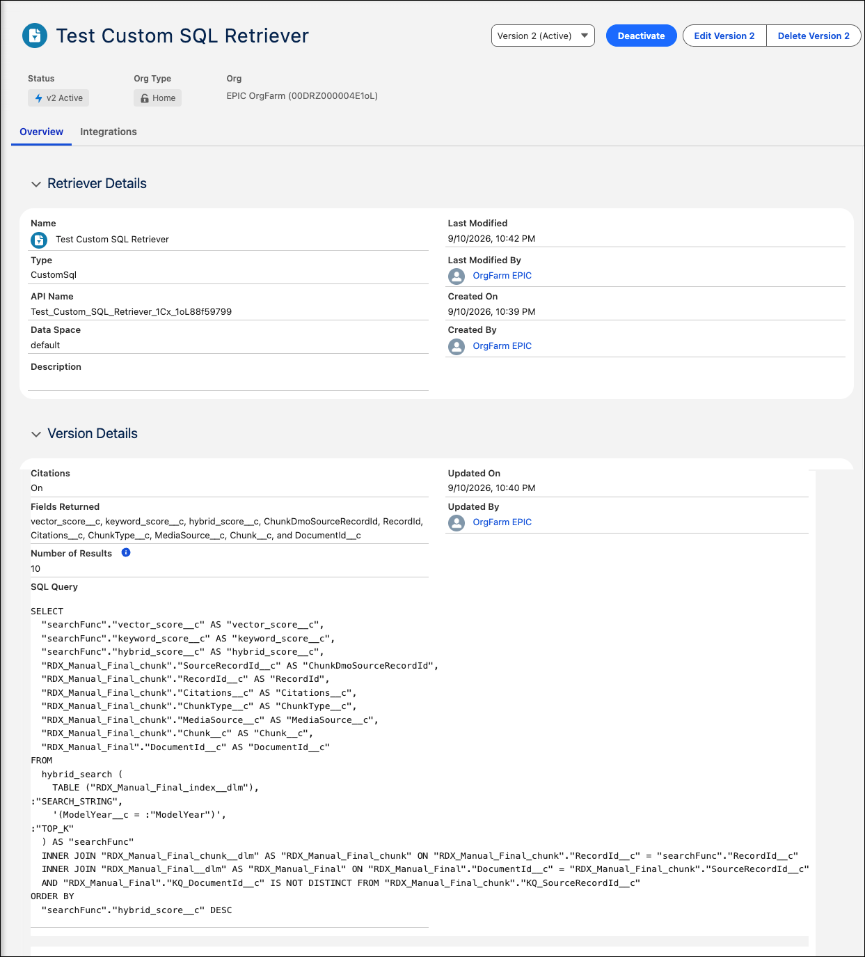 After you save a Custom SQL Retriever, the details page displays your retriever configurations, including the fields returned, number of results returned, and the SQL query.