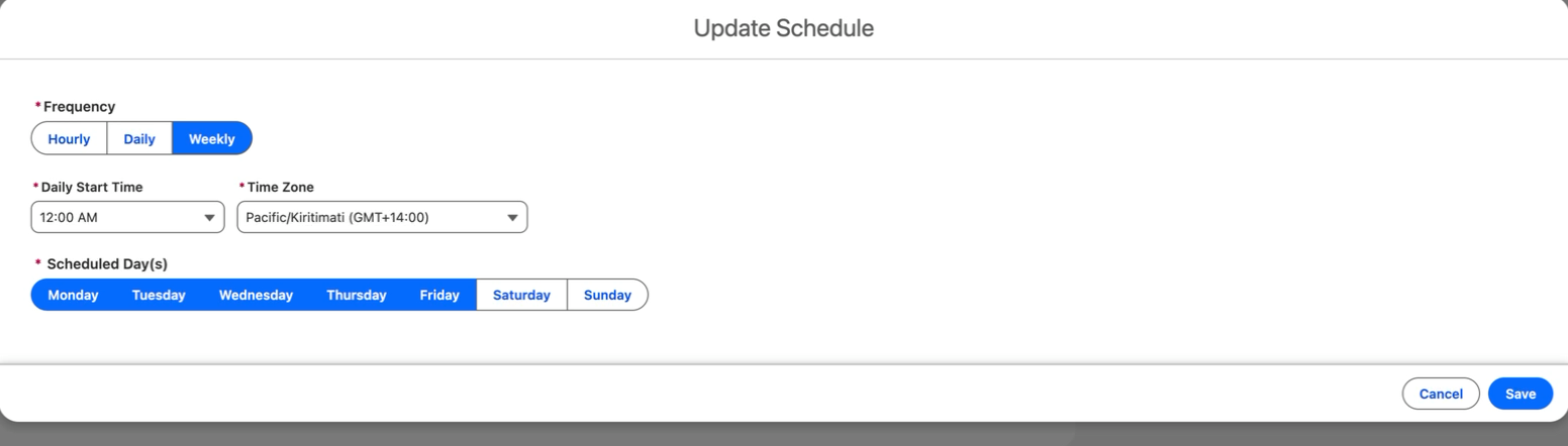The Update Schedule window for a secondary index, showing the Frequency, Daily Start Time, Time Zone, and Scheduled Day(s) fields.