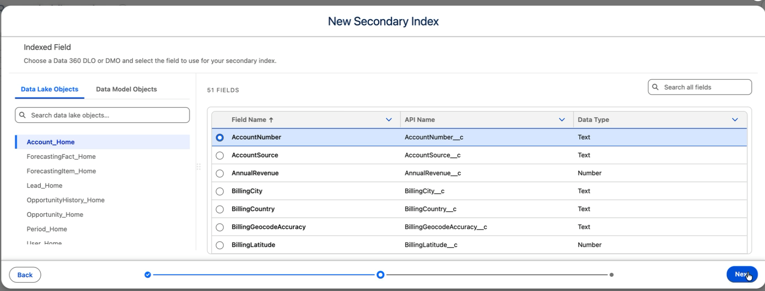 The Indexed Field step of the New Secondary Index window, showing the object list and the table of fields with a field selected.