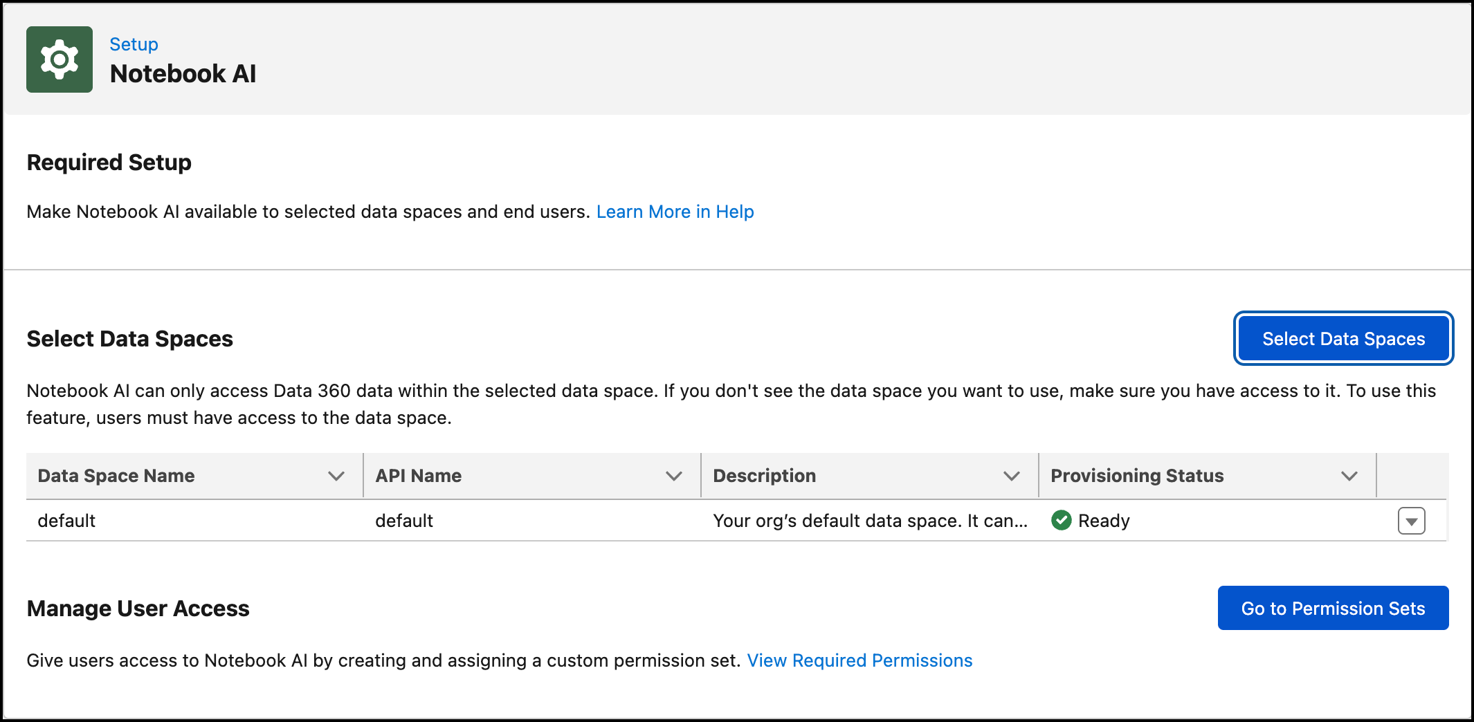 Configuración de Administrador de IA de portátil mostrando espacio de datos y opciones de acceso de usuario.