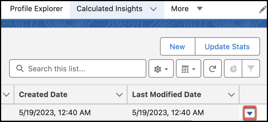 Menu suspenso para o menu de edição de Insights calculados