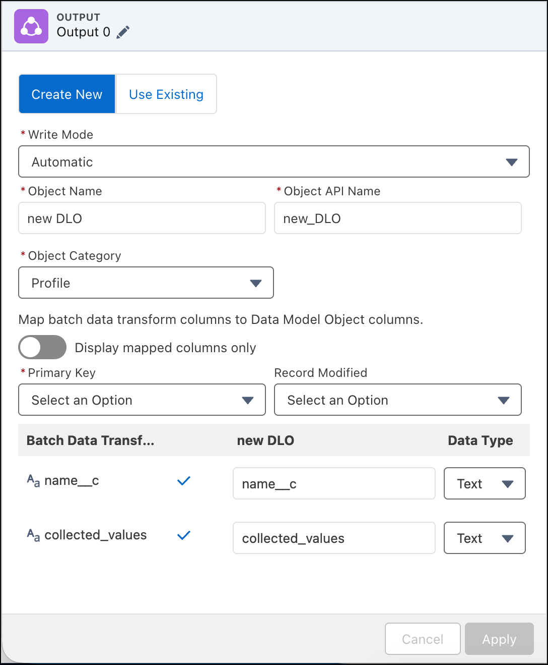 Modal of output node characteristics showing Create New DLO selected